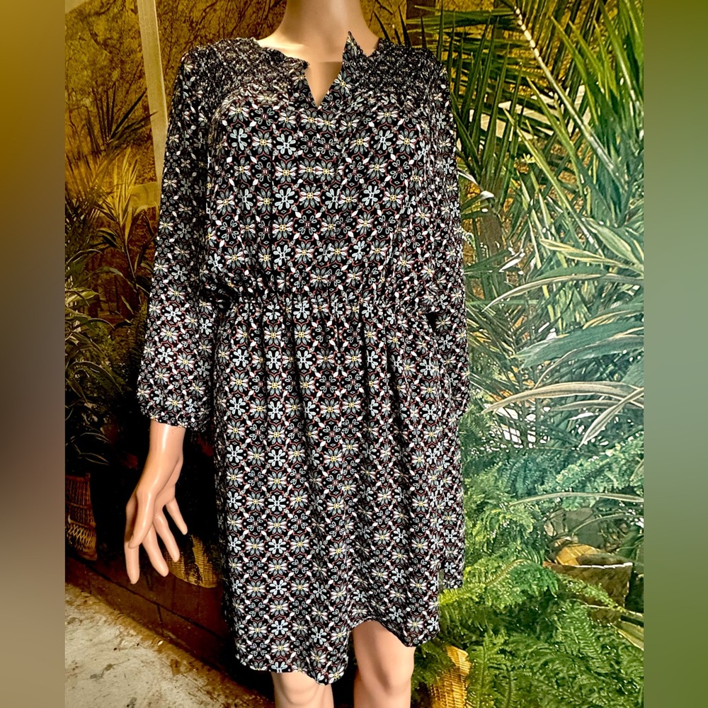 DR2 Black Floral Long-Sleeve Smocked Waist Dress